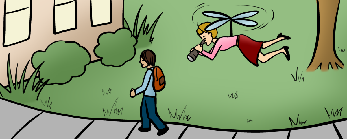 Woman with helicopter wings flying behind a student walking to school