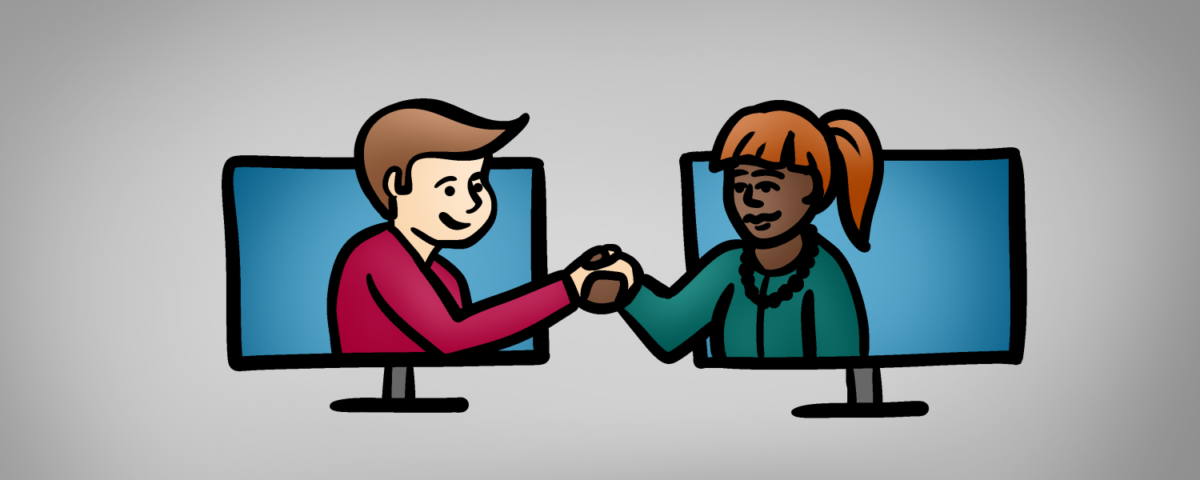 Two individuals shaking hands through computer screens