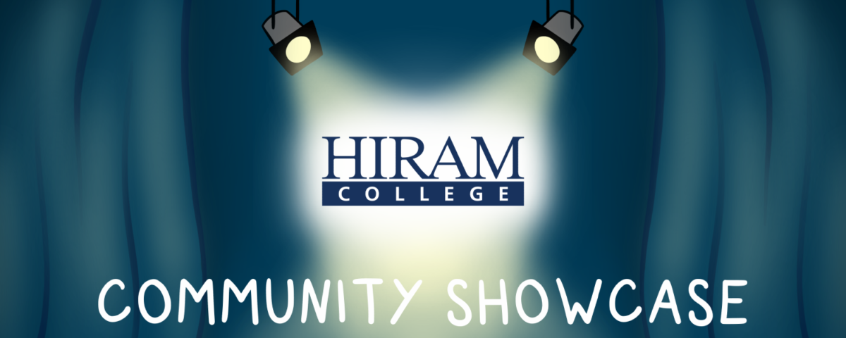 Open curtains on a stage with a spotlight on Hiram College's logo
