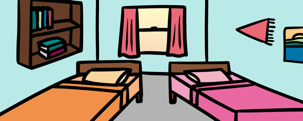 Two beds, one window, a bookshelf and some items on the wall of a shared residence room