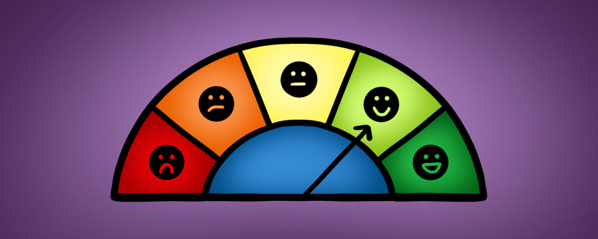 Barometer with Faces and rainbow colours and an arrow pointing to one face